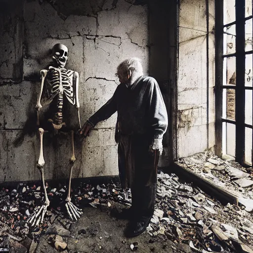 Image similar to an old man shaking hands with a skeleton in an abandoned building, liminal, gothic, eerie, intricate, detailed, award winning photograph, cinestill 8 0 0 t,