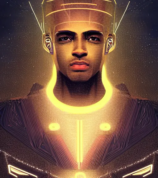 Image similar to symmetry!! egyptian prince of technology, solid cube of light, hard edges, product render retro - futuristic poster scifi, lasers and neon circuits, brown skin man egyptian prince, intricate, elegant, highly detailed, digital painting, artstation, concept art, smooth, sharp focus, illustration, dreamlike, art by artgerm