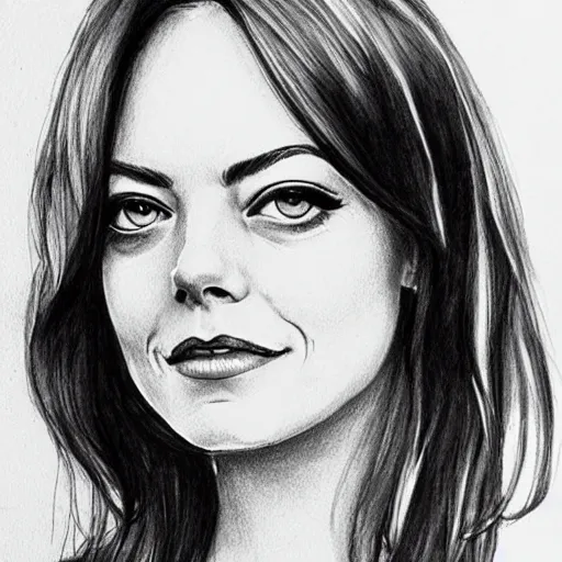 Prompt: “ emma stone portrait, ink, pencil drawing, sketch, realistic ”