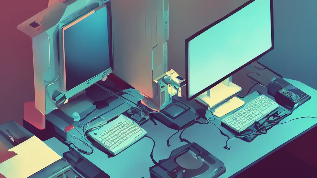 Prompt: stylized minimalist retro computer of a famous web designer, loftis, cory behance hd, by moebius, makoto shinkai and lois van baarle, ilya kuvshinov, rossdraws global illumination