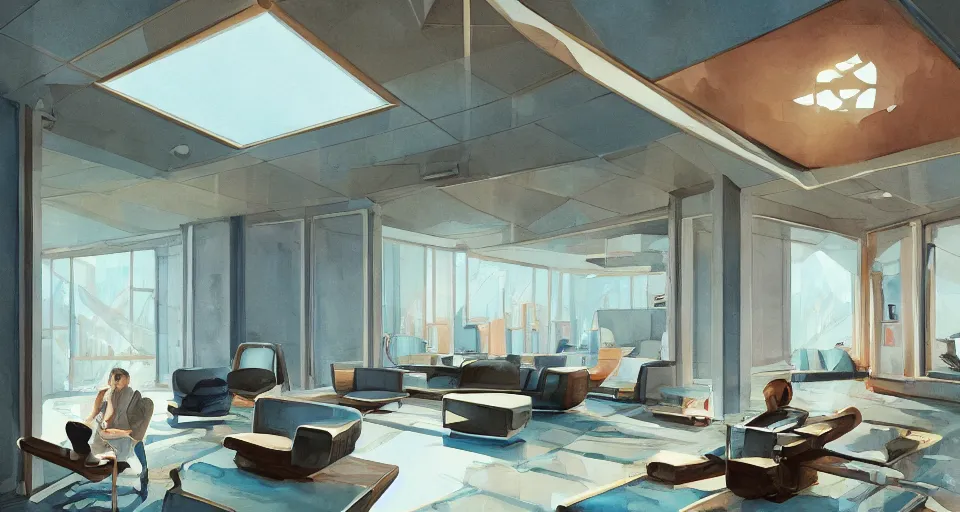 Image similar to a beautiful illustration of futuristic interior hall, lots of furniture, sofa, waiting room, big medium small, sacred geometry, golden ratio, in watercolor gouache detailed paintings, in style of syd mead, trending on artstation,8k, panel, hard surface, vent, zaha hadid, props, plant, cozy,decoration around the room