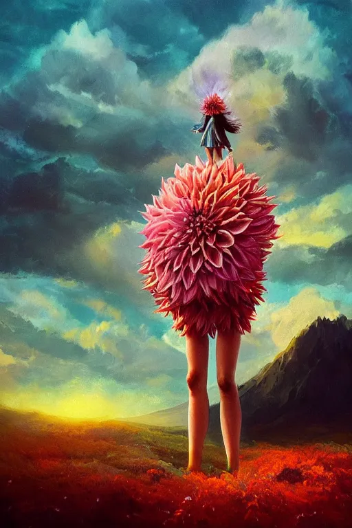 Image similar to closeup giant dahlia flower as head, girl standing on mountain, surreal photography, blue storm clouds, dramatic light, impressionist painting, digital painting, artstation, simon stalenhag