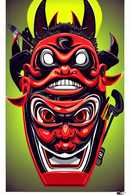 Prompt: guy wearing oni mask and bring skateboard. pop art, without duplicating image!!!, symmetrical, extreme details, digital painting, vector image, concept art, smooth, sharp focus, illustration, intricate, art by richard hamilton and mimmo rottela, pixels art by kirokaze and paul robertson