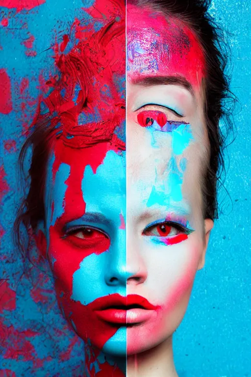 Prompt: glitched mix of endless female face and red paint in style of neo dada, blue background, hard paint, close-up