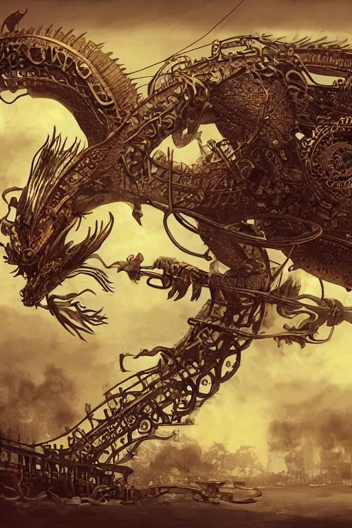 Image similar to illustration, single whole live dragon, old sick gold and crimsoned scaled asian style dragon on a steam punk plank of machinery with wires and gears and steam punk apparatus, matte painting, style of studio ghibli, concept art, featured in artstation and artgerm and pixiv, award winning, cinematic, 8 k