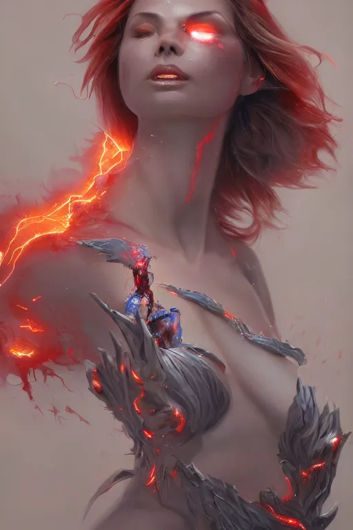 Image similar to torso closeup model wearing exploding ice fire lava dress, sorcerer, diamonds, angel, fantasy, dramatic lighting, highly detailed, digital painting, holding electricity, magic the gathering, hyper detailed, 3 d render, hyper realistic detailed portrait, peter mohrbacher, wlop, ruan jia