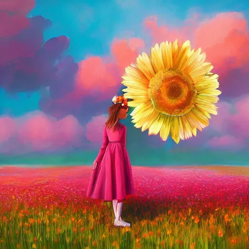 Prompt: giant daisy head flower, full body girl standing in a flower field, surreal photography, sunrise, dramatic light, impressionist painting, colorful clouds, digital painting, artstation, simon stalenhag