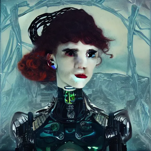 Image similar to album cover of Grimes as an evil robot cyborg character in a romantic pre-raphaelite style by dante