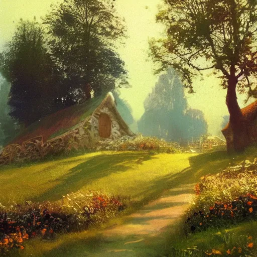 Prompt: sunrise spring hobbits house shire hobbit landscape by levitan masterpiece trending on arstation cinematic, beautiful lighting - 7 6 8