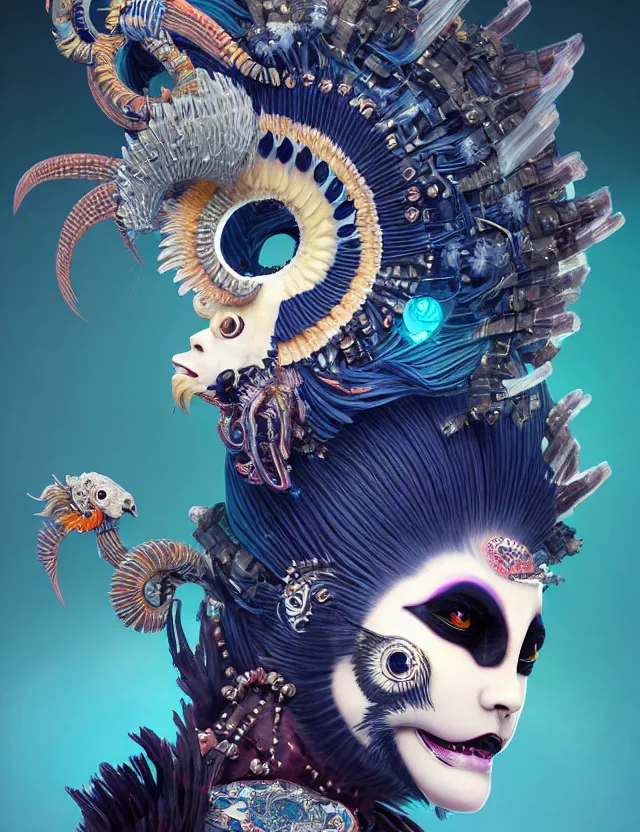 Image similar to 3 d goddess close - up profile portrait punk with mohawk with ram skull. beautiful intricately detailed japanese crow kitsune mask and clasical japanese kimono. betta fish, jellyfish phoenix, bio luminescent, plasma, ice, water, wind, creature, artwork by tooth wu and wlop and beeple and greg rutkowski