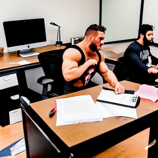 Image similar to professional wrestlers scattered around a small office room and all of them are helping do taxes and accounting, WWE, wrestlers, office room, bright lighting, messy desks, digital photo