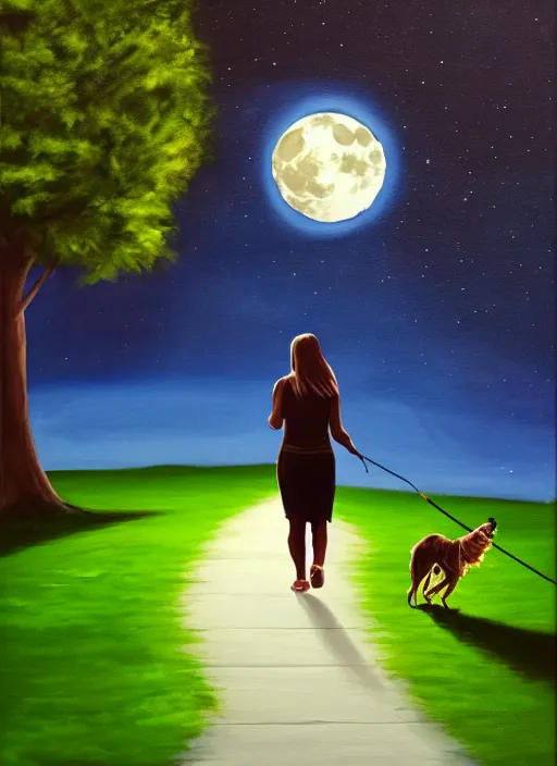 Prompt: young brown woman walking her dog in a park at night with a full moon, acrylic painting, photoreal, fantasy