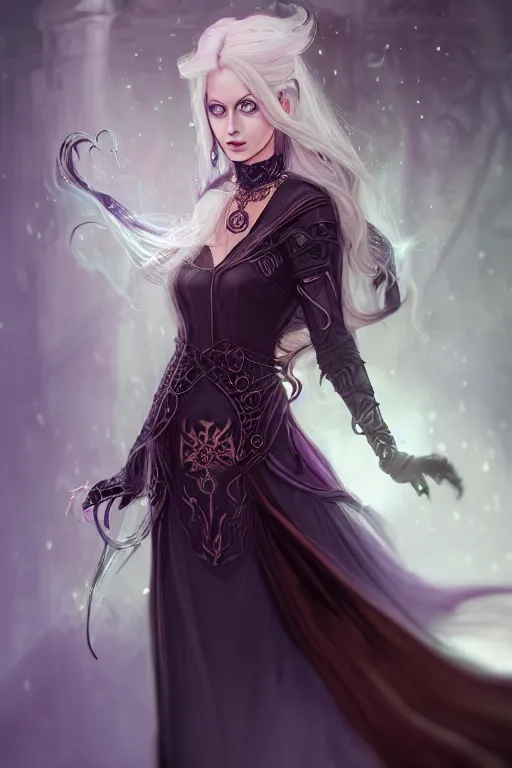Prompt: portrait of a gorgeous female warlock, looking at camera, D&D, choker on neck, stylish dark dress, arcane symbols, very long flowing hair, intricate, elegant, stylish, cute slightly nerdy smile, mouth slightly open, fantasy, extremely detailed, digital painting, artstation, concept art, smooth, sharp focus, illustration, stunning lighting, art by artgerm and greg rutkowski and alphonse mucha and simon stalenhag