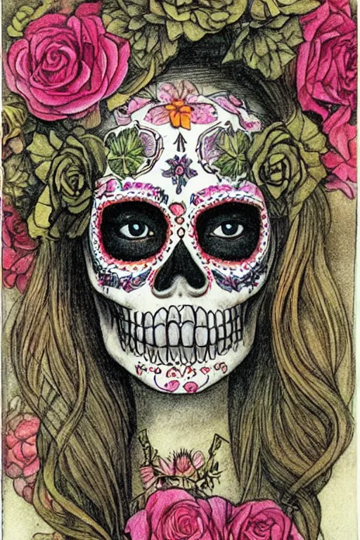 Image similar to Illustration of a sugar skull day of the dead girl, art by charles maurice detmold