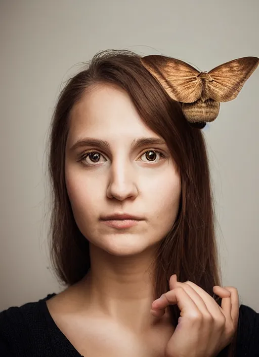 Prompt: portrait of a 2 3 year old woman, symmetrical face, a moth on her head, she has the beautiful calm face of her mother, slightly smiling, ambient light