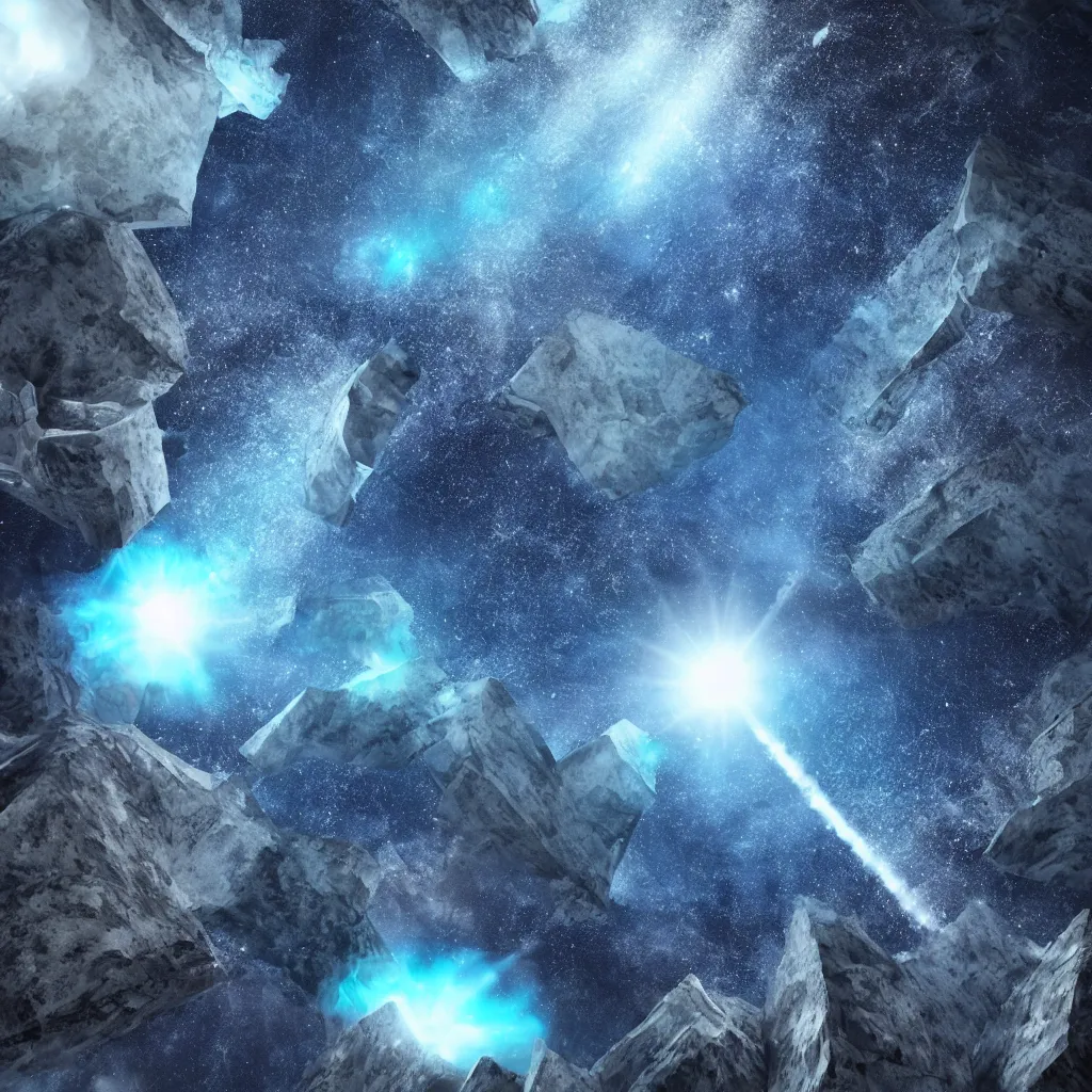 Image similar to vertical, mountains, limit, universe, galaxy, upwards, photo, blue sky, realistic, highly detailed, cinematic, glowing ice comets falling down