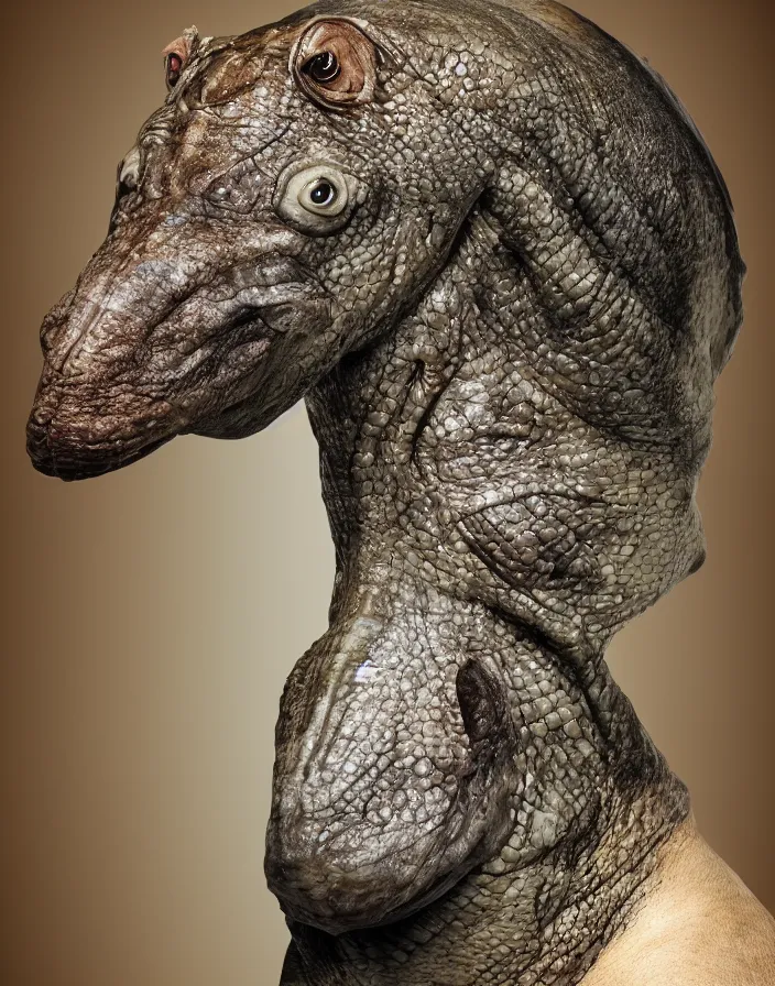Image similar to portrait of muscular animal human merged head dolphin skin, scales, merged with monkey head, hippo face morphed, gills, horse head animal merge, morphing dog head, merging crocodile head, anthropomorphic, creature, solid background