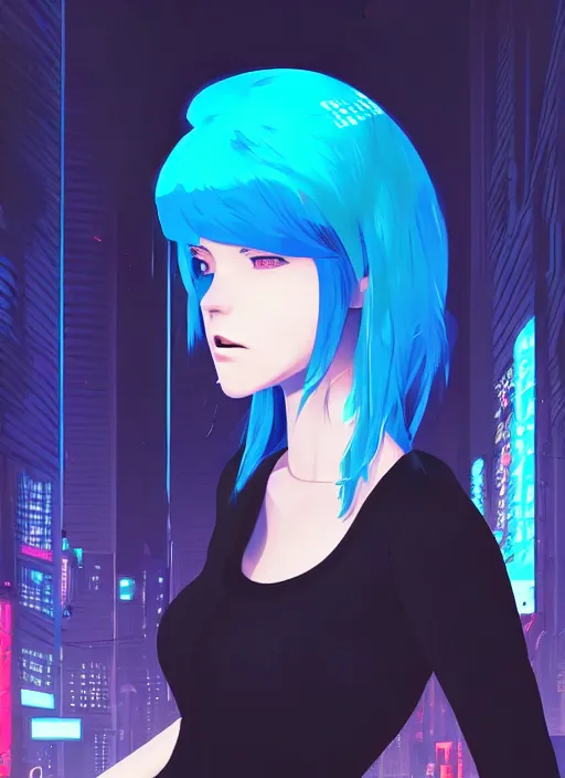 Image similar to digital illustrationportrait of cyberpunk pretty girl with blue hair, wearing a tight black dress, in city street at night, by makoto shinkai, ilya kuvshinov, lois van baarle, rossdraws, basquiat