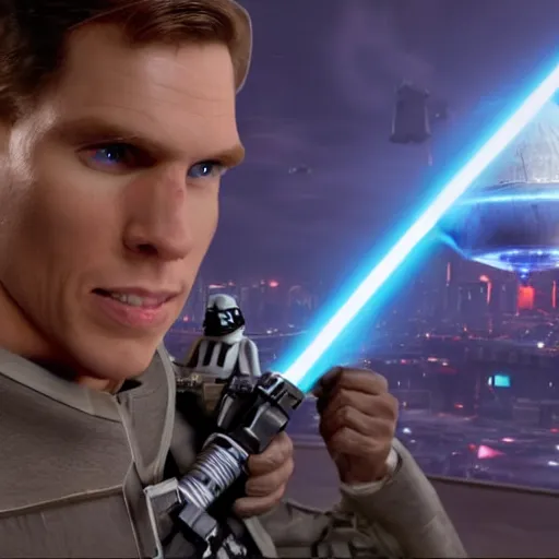 Prompt: jerma visiting coruscant, movie screenshot from star wars