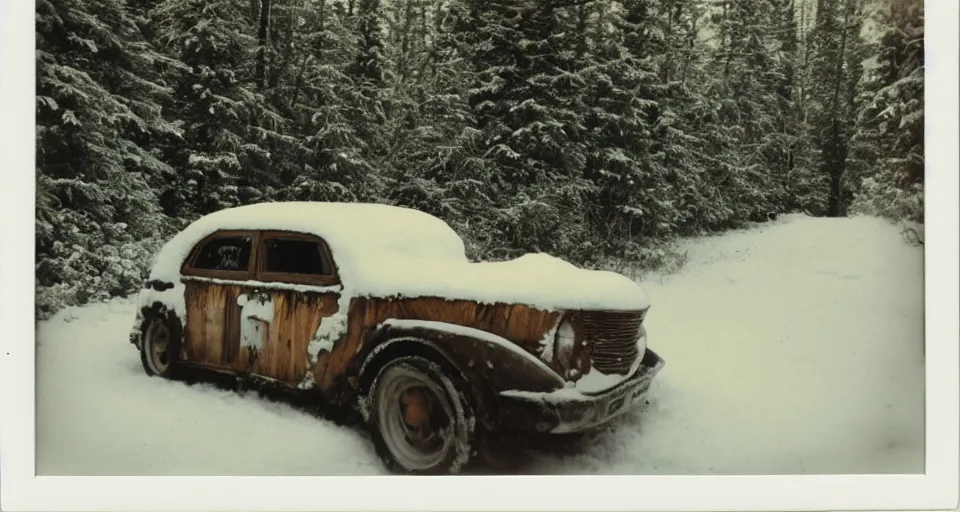 Prompt: vintage polaroid photograph of a car in a snowy forest