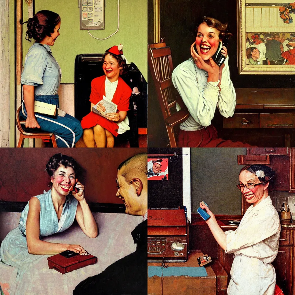 Prompt: painting of a woman talking on telephone and smiling, painting by Norman Rockwell