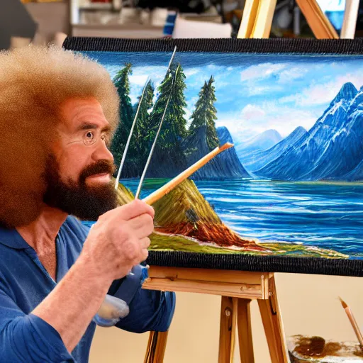 Image similar to a closeup photorealistic photograph of bob ross working on a canvas painting of aquaman. film still. brightly lit scene. mountains and trees. this 4 k hd image is trending on artstation, featured on behance, well - rendered, extra crisp, features intricate detail, epic composition and the style of unreal engine.