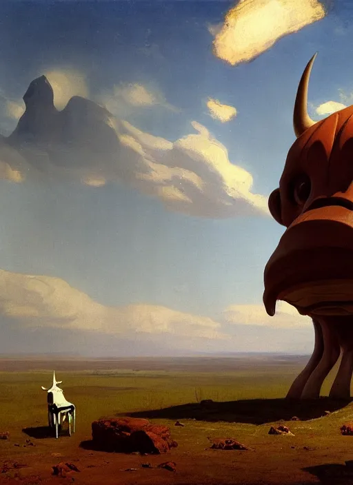 Prompt: an alien that looks like a cow, seated in spaceship, matte painting, by isaac levitan and asher brown durand,