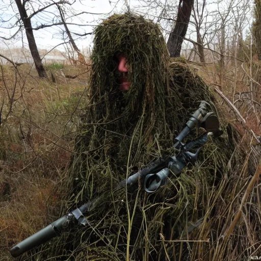 Image similar to a sniper in a ghillie suit in the bushes