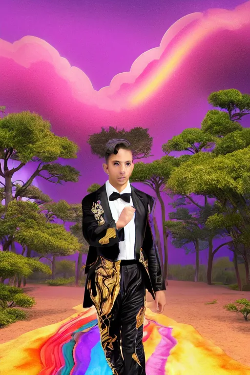 Image similar to Ethereal safari landscape with a pink rainbow sky under a god moonstone, black leather and embroidered Lolita dapper bespoke avant-garde tuxedo in velvet, black and gold rich color, dramatic cinematic lighting, featured on Artstation, extremely detailed by Lisa Frank