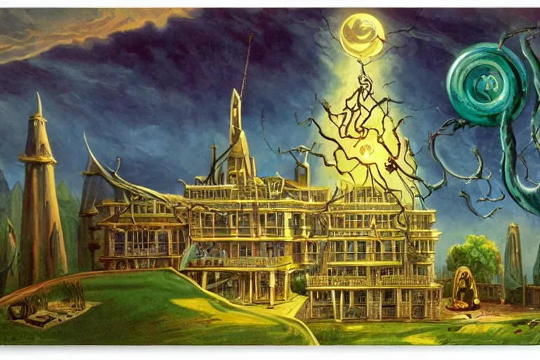 Image similar to miskatonic university eldritch super villain headquarters in the style of dr. seuss, illuminati, painting by albert bierstadt