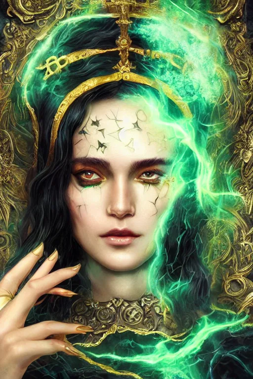 Prompt: a close - up portrait of a beautiful sorceress wearing a black robe with gold embroidery, casting a spell, green glows, painted by artgerm and tom bagshaw, highly detailed digital art