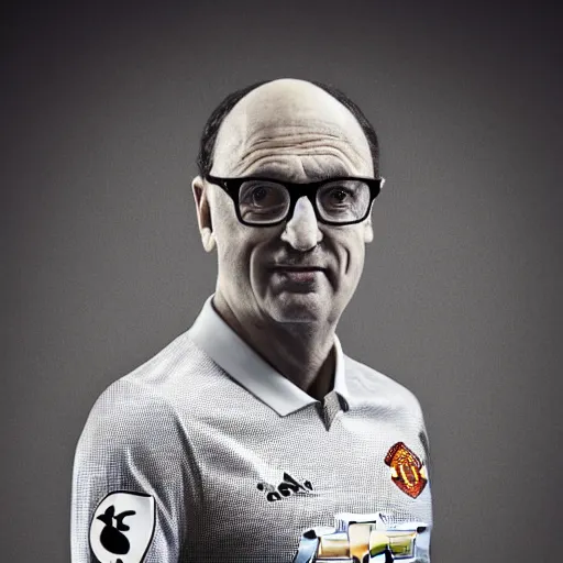 Image similar to avram glazer as the devil reincarnate, owner of manchester united football club, portrait, pure evil, devils horns, avram glazer, satan, hell, 8 k, hyperrealism, symmetry, cinematic lighting - h 9 6 0