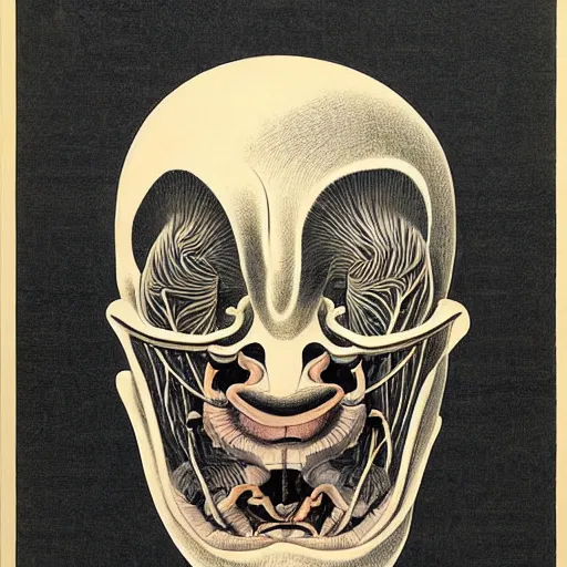 Image similar to surreal japanese woodblock head anatomical atlas dissection center cut, lithography on paper conceptual figurative ( post - morden ) monumental dynamic soft shadow portrait drawn by hogarth and escher, inspired by goya, illusion surreal art, highly conceptual figurative art, intricate detailed illustration, controversial poster art, polish poster art, geometrical drawings, no blur