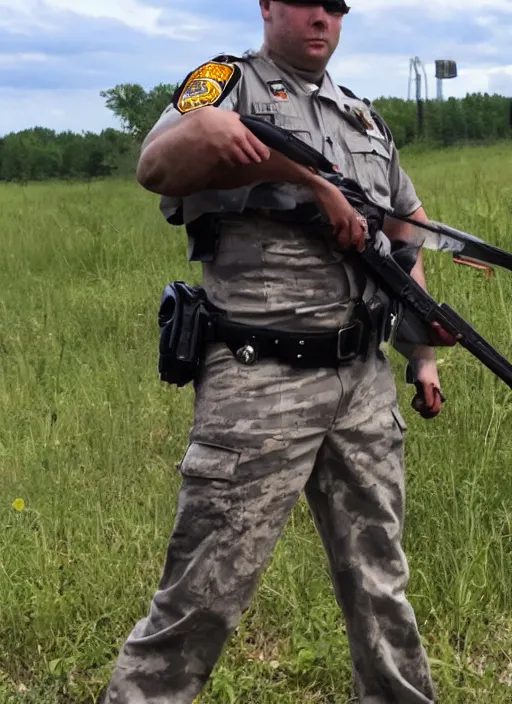 Image similar to Minnesota State Trooper in uniform and rifle in hand, standing victorious over a dead zombie.