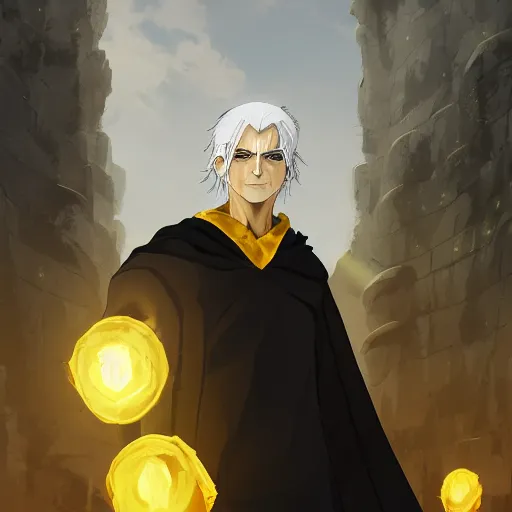 Image similar to a white haired man with yellow eyes, wearing a black cultist robe, medieval background, highly detailed, digital painting, artstation, matte, by makoto shinkai, animation style, studio ghibli, anime key visual