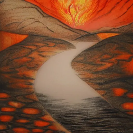 Image similar to a river runs here, a fiery river, from east to west, from west to north. over that river the fiery river drives the light. light transports souls. esoteric art, 2 k, 4 k, pen and pencil