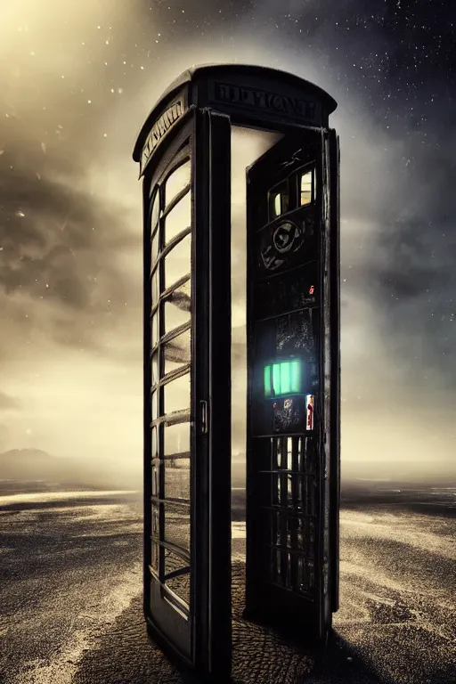 Prompt: The phonebooth at the edge of the universe, dramatic lighting, cinematic, establishing shot, extremely high detail, foto realistic, cinematic lighting, post processed, concept art, high details, cinematic, 8k resolution, beautiful detailed, photorealistic, digital painting, artstation, concept art, smooth, sharp focus, artstation trending, octane render, unreal engine