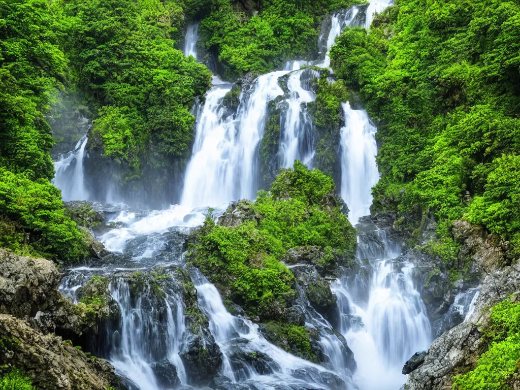 Prompt: dreamy view of a gorgeous waterfall in a secluded island, highly detailed vibrant valley, landscape photography, photorealism, smooth 4k