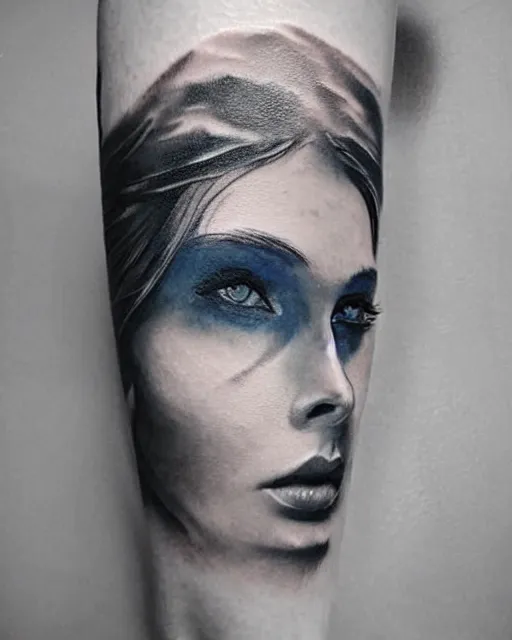 Image similar to tattoo design sketch of a beautiful blue - eyed woman face with a faded background of beautiful mountains on her side, hyper - realistic, in the style of den yakovlev, amazing detail, black and white