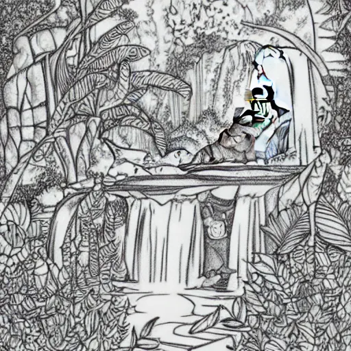 Image similar to an adult coloring page of a waterfall in the enchanted forest, light detail