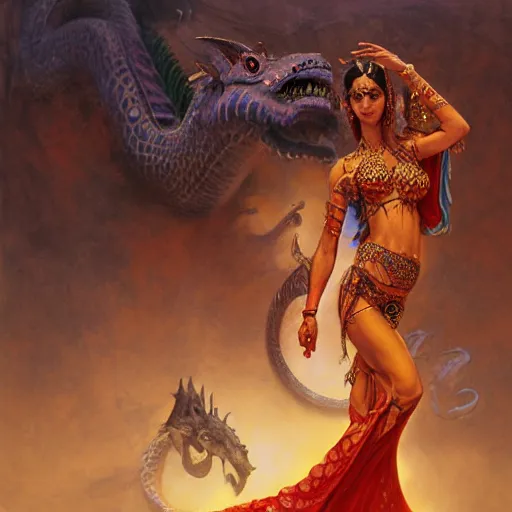 Prompt: cute female bellydancer dragon, ultra realistic, anthropomorphic, stuning 3 d render, masterpiece, glowing holy aura, by donato giancola and greg rutkowski and wayne barlow and zdzisław beksinski, realistic face