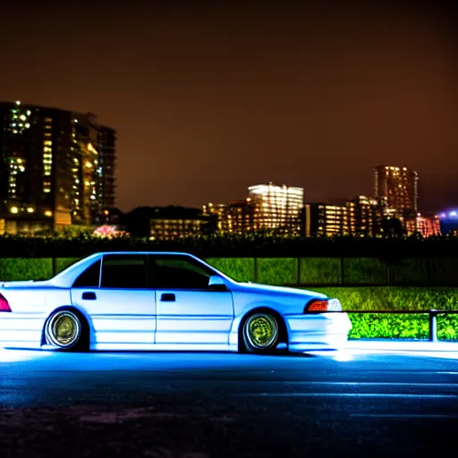 Image similar to a car JZX100 at illegal car meet, Saitama prefecture, long exposure, milkyway, cinematic color, photorealistic, highly detailed