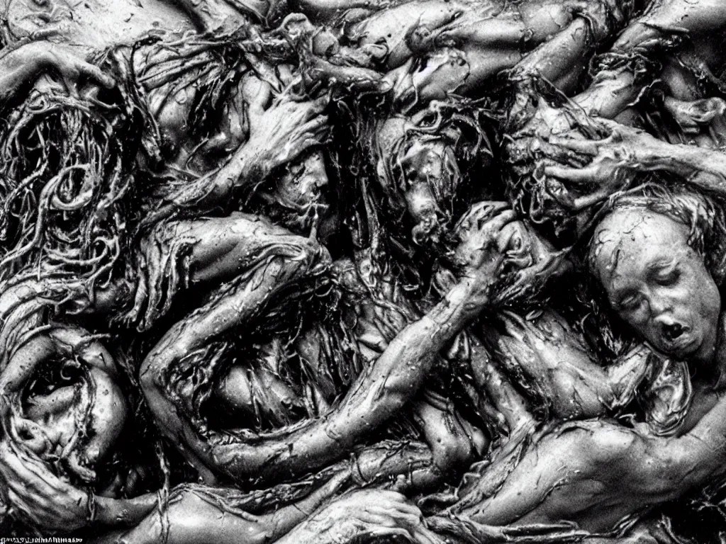 Prompt: the raft of the medusa as a body horror film, fleshy, Cronenberg, Rick Baker, dramatic film still, daylight, photo real, extremely detailed, wet, slimy, wide angle, 28mm, Eastman EXR 50D 5245/7245