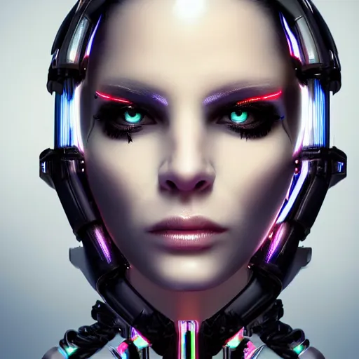 Prompt: very beautiful woman cyborg, bionic pupils, full face frontal centered, portrait, intricate symmetrical ornate neon cables connected to head, clear lips, luxurious long hair, sophisticated futuristic implants, translucent, porcelain, fractal, sci fi, dramatic lighting, photography, highly detailed, artstation, deviantart, 8 k, by chie yoshi