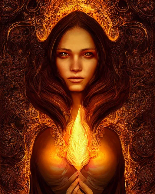 Image similar to a highly detailed portrait of beautiful female pyromancer radiating a majestic fiery aura, ornate royal robes, head and shoulders portrait, intricate, digital painting, old english, raining, sepia, particles floating, whimsical background by marc simonetti, artwork by ramond swanland and liam wong