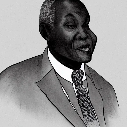 Prompt: a fatherly, aquiline nose, wide forehead, round face, XXL , loving, caring, generous, ever-present, humble, wise elder from Kenya with a friendly expression in a grey suit and red tie painted by Kara Walker . Fatherly/daddy, focused, loving, leader, relaxed,. ethereal lights, details, smooth, sharp focus, illustration, realistic, cinematic, artstation, award winning, rgb , unreal engine, octane render, cinematic light, macro, depth of field, blur, red light and clouds from the back, highly detailed epic cinematic concept art CG render made in Maya, Blender and Photoshop, octane render, excellent composition, dynamic dramatic cinematic lighting, aesthetic, very inspirational, arthouse.