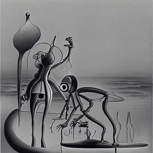 Image similar to Two mechanical beings in a deep conversation. Dali. Yves Tanguy,