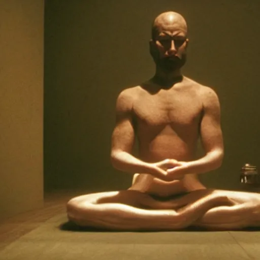 Image similar to movie scene of a man meditating, movie still, cinematic composition, cinematic light, criterion collection, reimagined by industrial light and magic, Movie by David Lynch and Ridley Scott