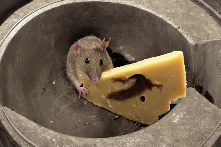 Image similar to a giant rat eating cheese in a sewer, photograph, terror, horror, mutant,