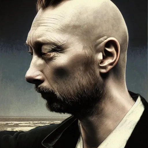 Image similar to hyper realistic, variations portrait of smooth old thom yorke hairless, strong variations singer songwriter, ( side ) profile, liminal space, by lee bermejo, alphonse mucha and greg rutkowski, no beard, smooth face